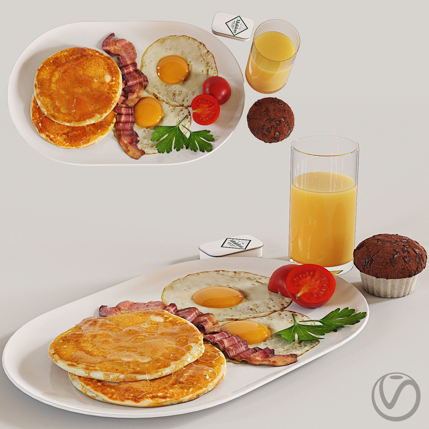 Breakfast pancakes with bacon and eggs on plate 3D model_5