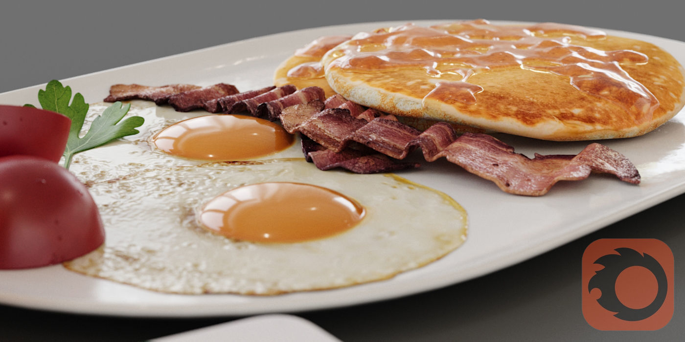 Breakfast pancakes with bacon and eggs on plate 3D model_2