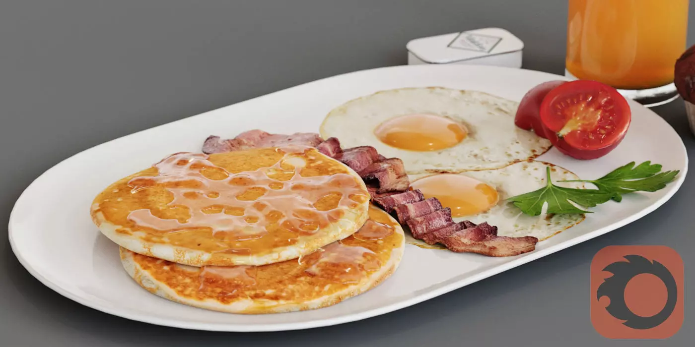 Breakfast pancakes with bacon and eggs on plate 3D model_0