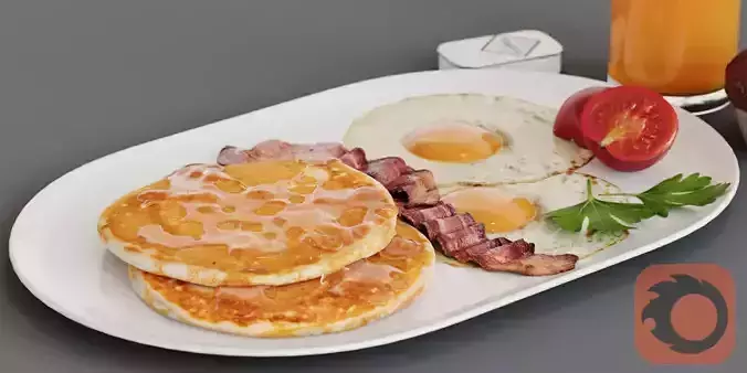 Breakfast pancakes with bacon and eggs on plate 3D model
