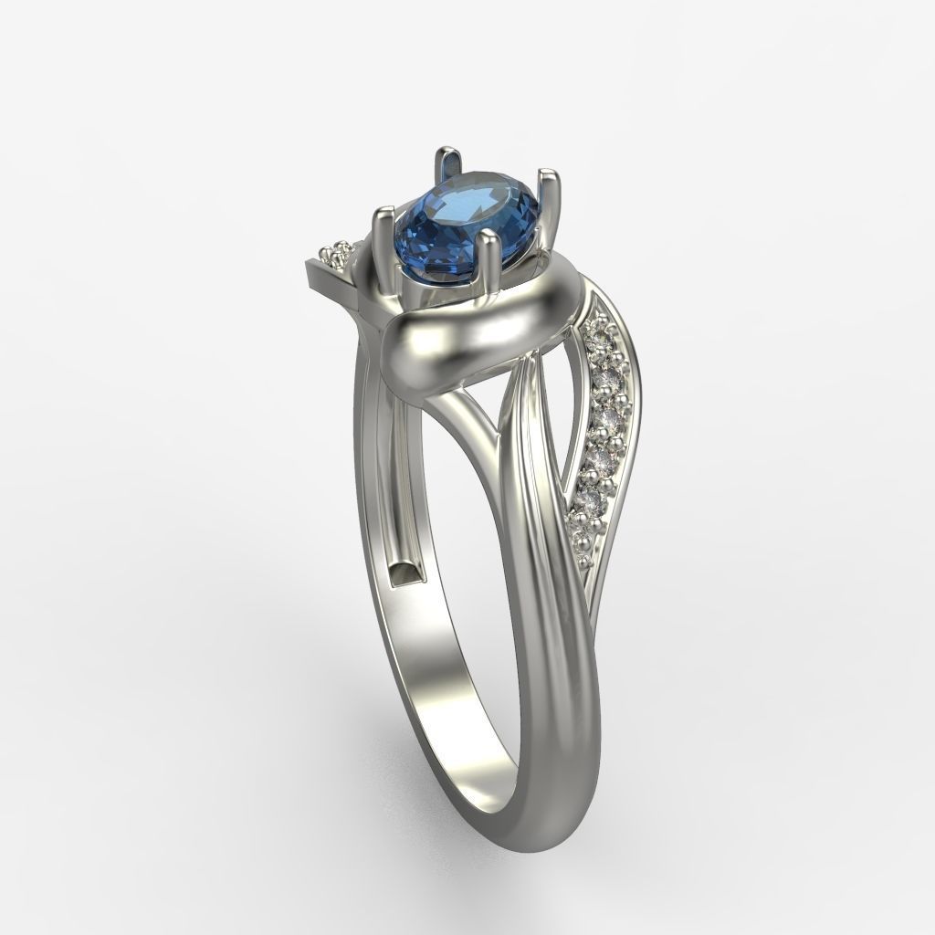 Women Ring with oval cut gem and diamonds 3dm stl  3D print model_6