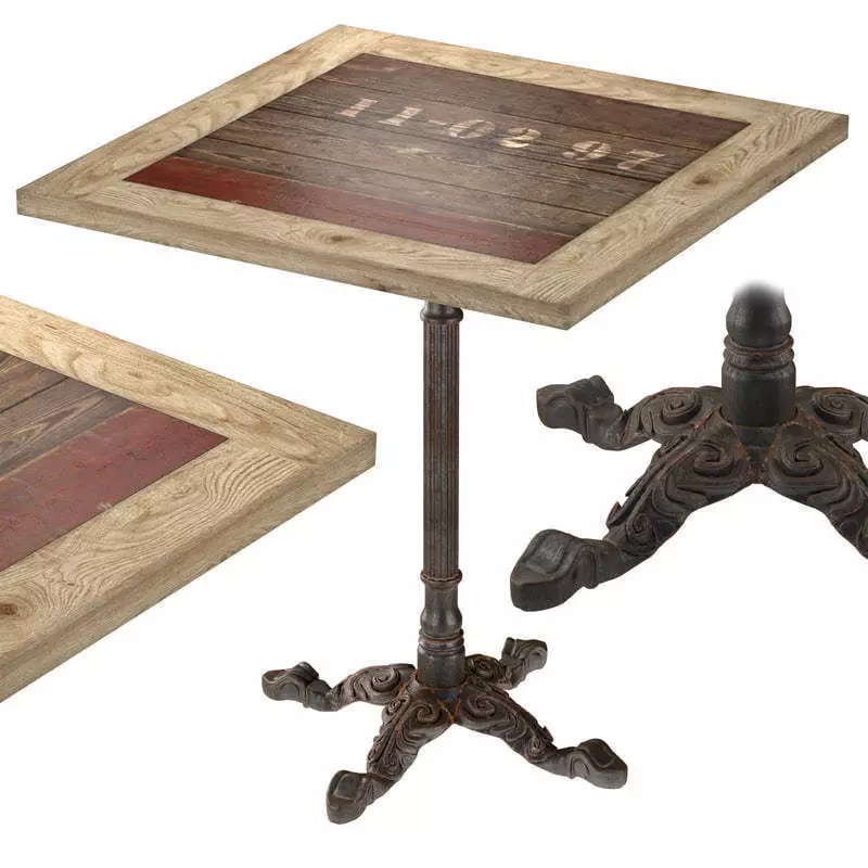 Cast Iron and Larch Restaurant Table Square 3D model_0