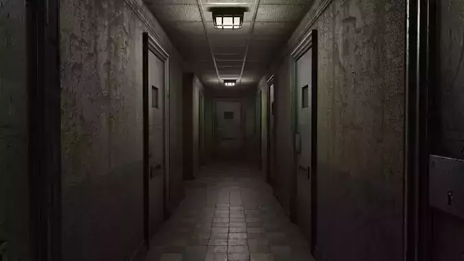 Low Poly Insane Asylum Corridor With PBR Materials Low-poly 3D model