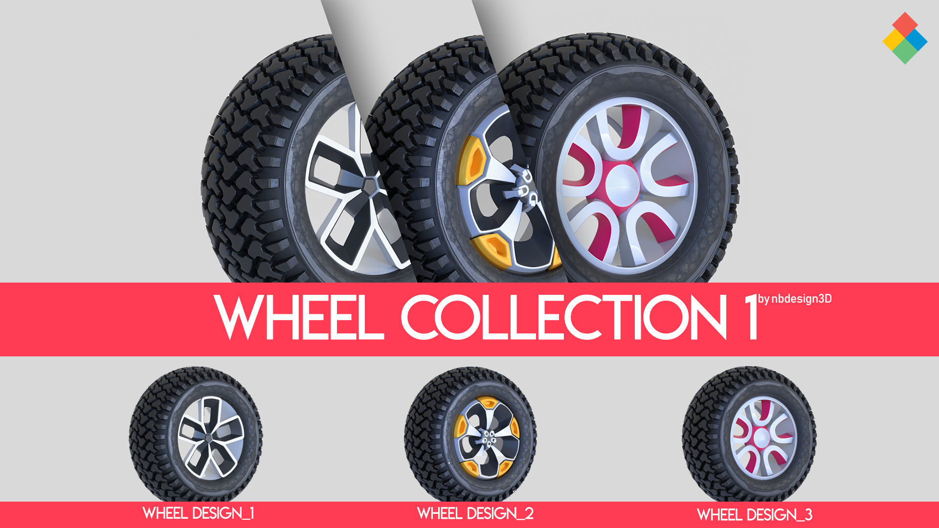 Pack Wheel Tire Rim Design Low-poly 3D model_1