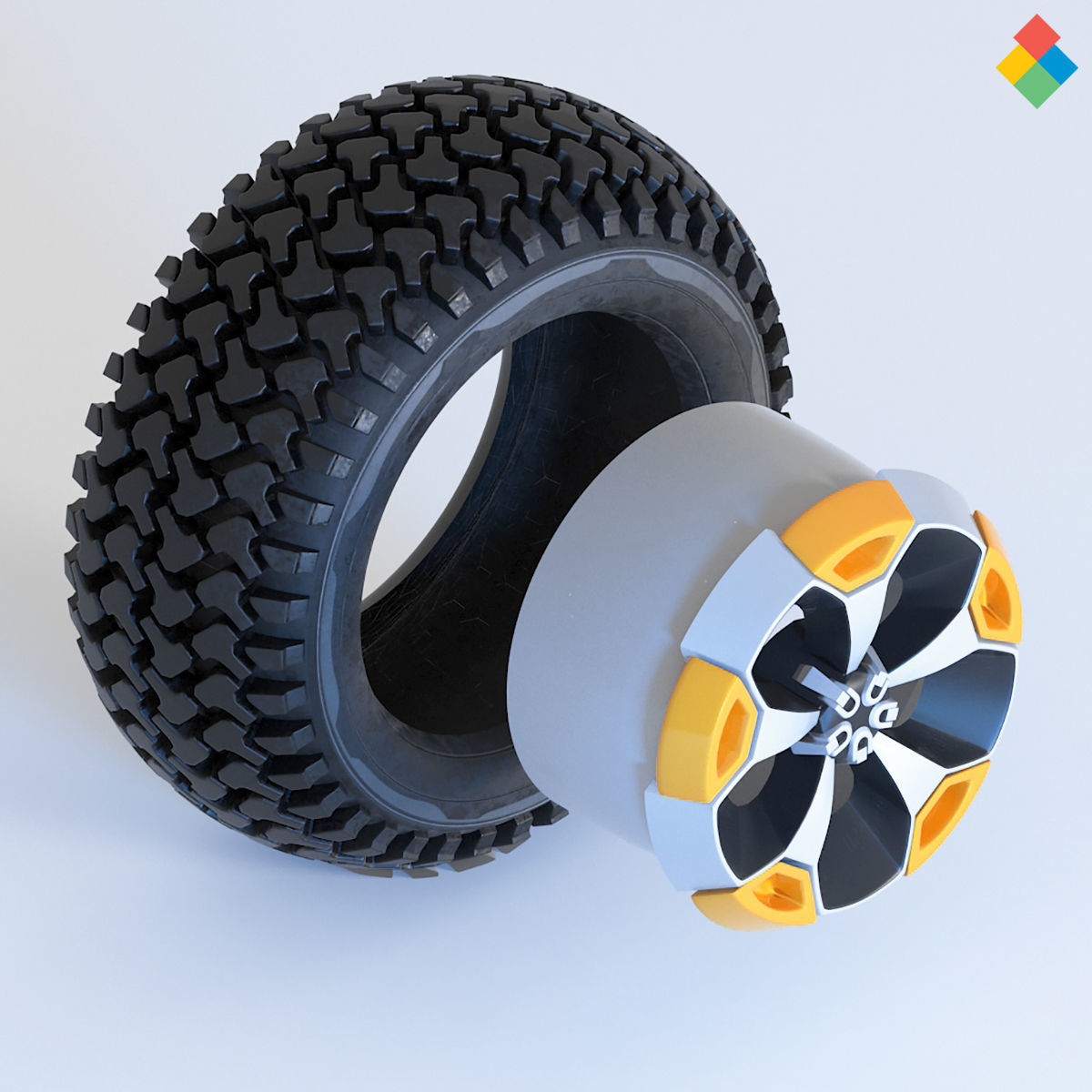Pack Wheel Tire Rim Design Low-poly 3D model_9