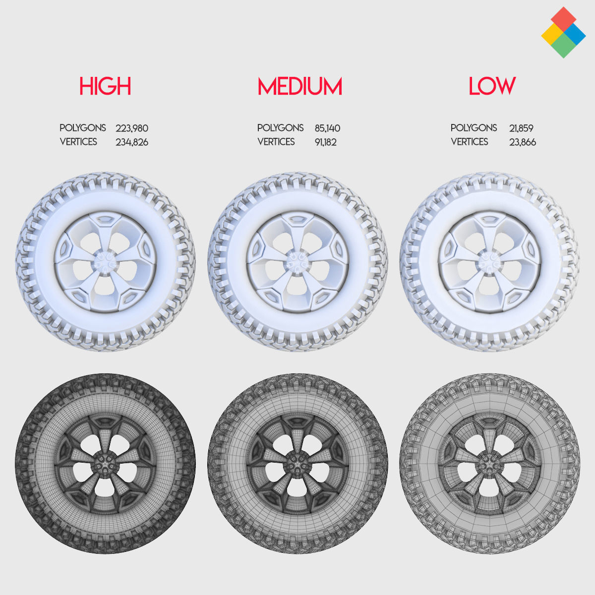 Pack Wheel Tire Rim Design Low-poly 3D model_24