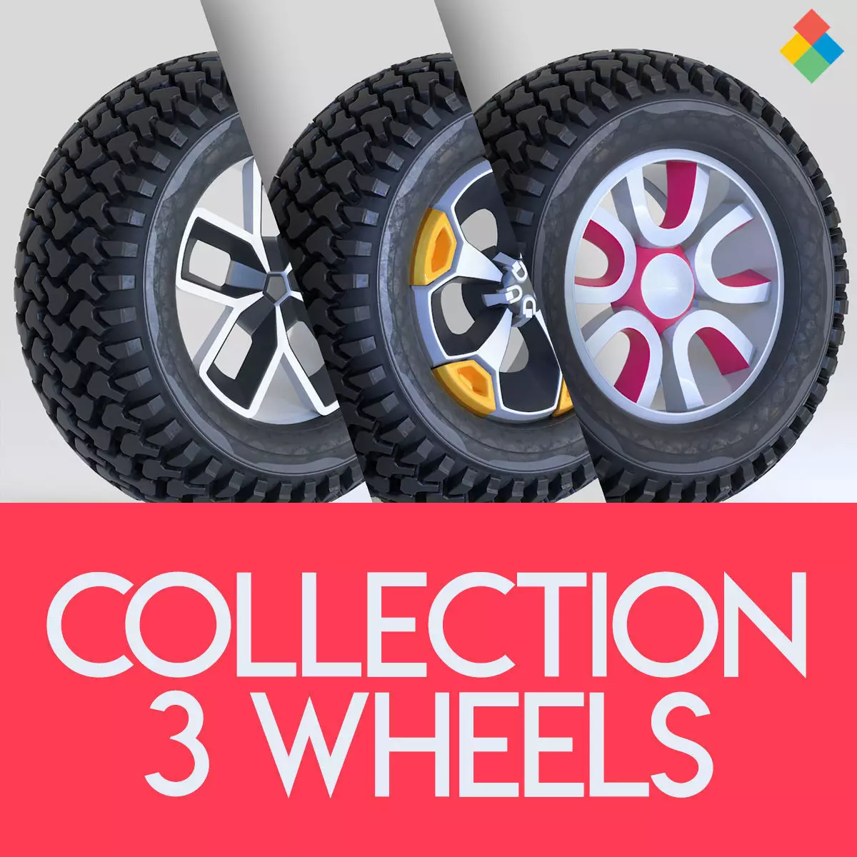 Pack Wheel Tire Rim Design Low-poly 3D model_0