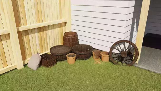 Outdoor Barrels and Pots Low-poly 3D model