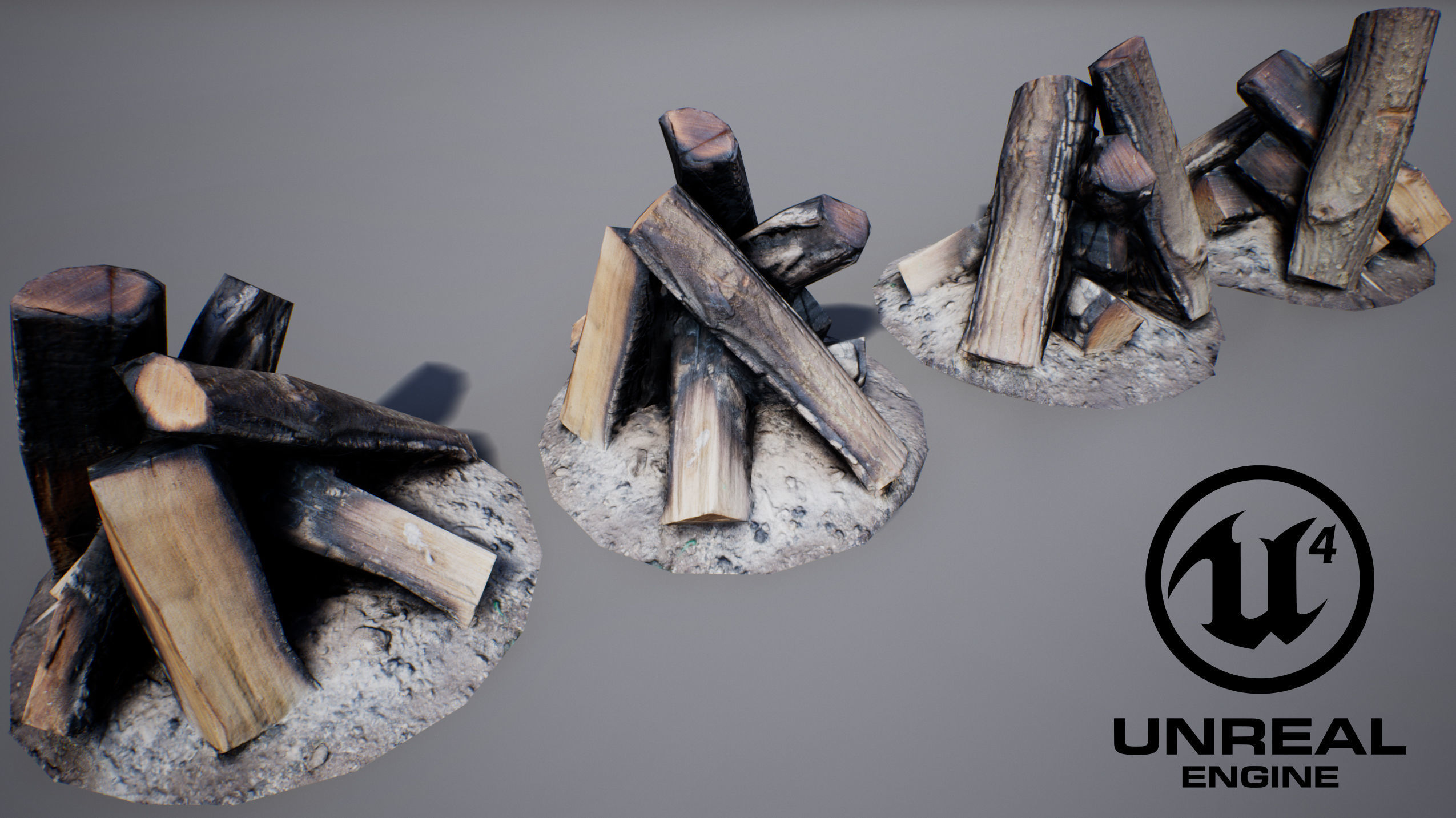 Firewood - Game Ready fire pit made of logs Low-poly 3D model_4
