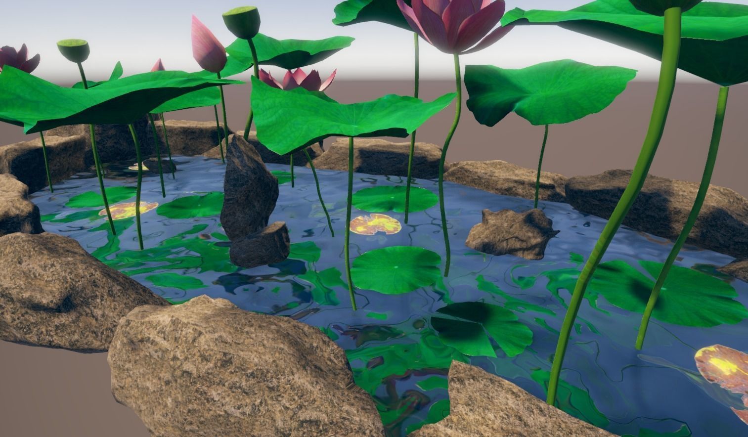 lotus pond with water lilies and rocks Low-poly 3D model_1