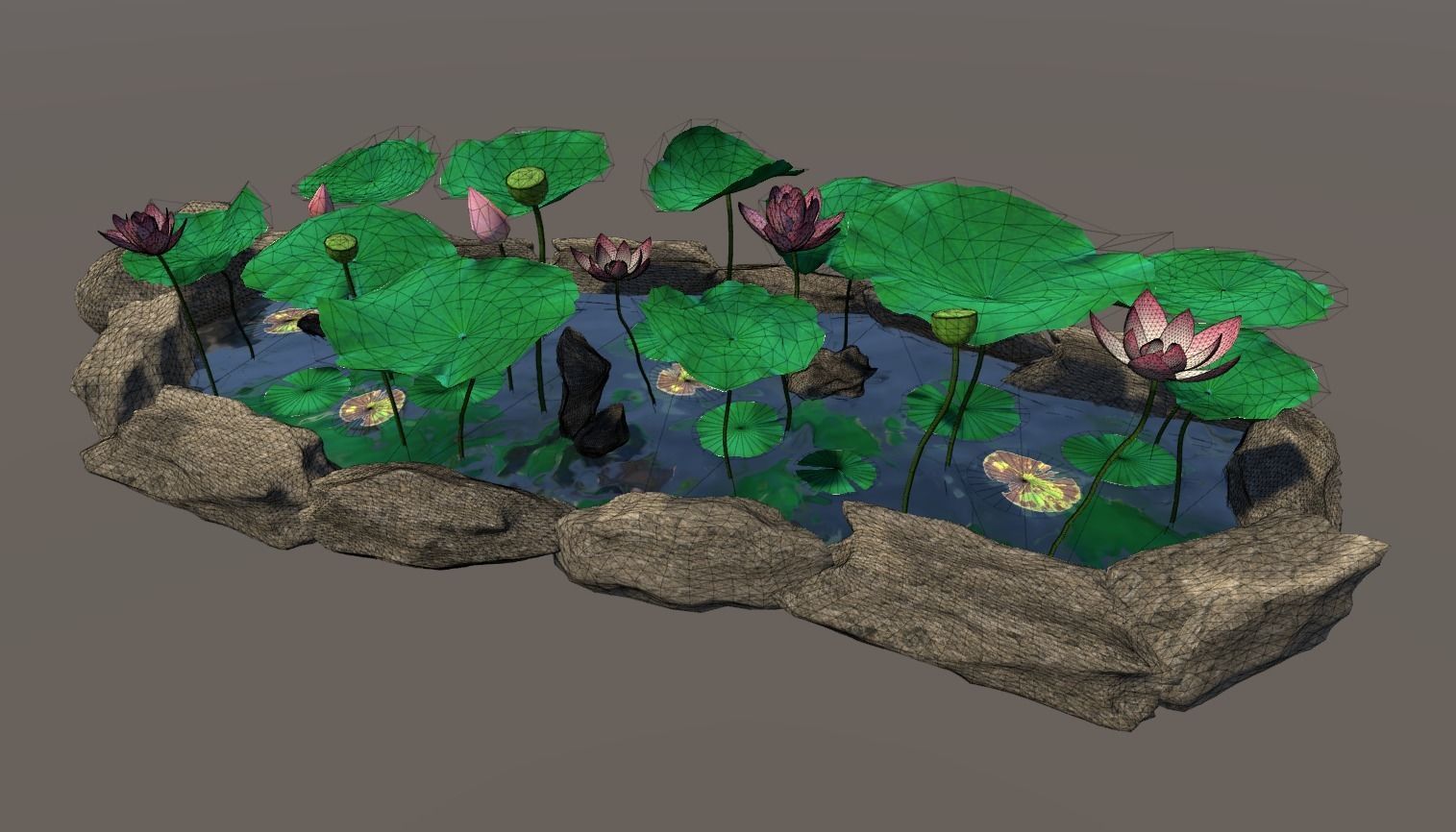 lotus pond with water lilies and rocks Low-poly 3D model_10