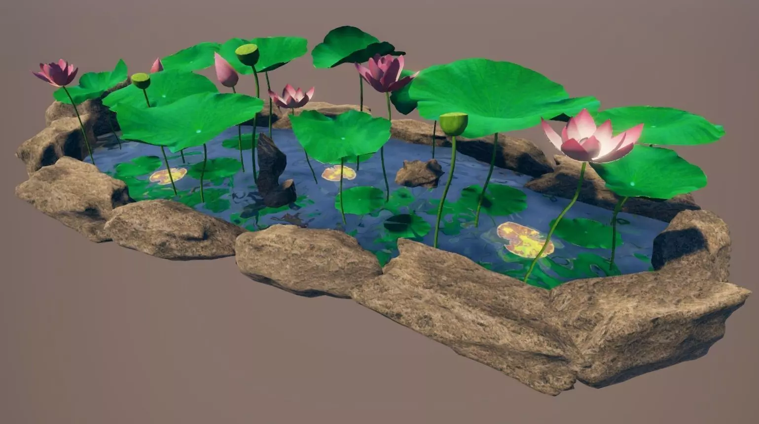 lotus pond with water lilies and rocks Low-poly 3D model_0