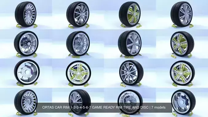 ORTAS CAR RIM 1-2-3-4-5-6-7 GAME READY RIM TIRE AND DISC 3D Model Collection