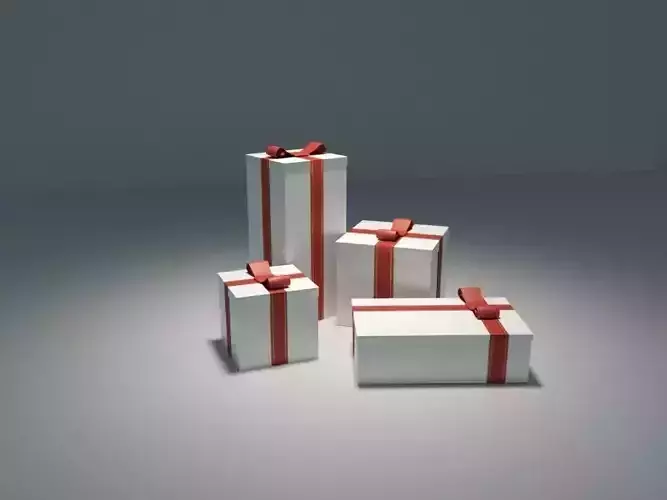 Present three gift boxes with ribbons