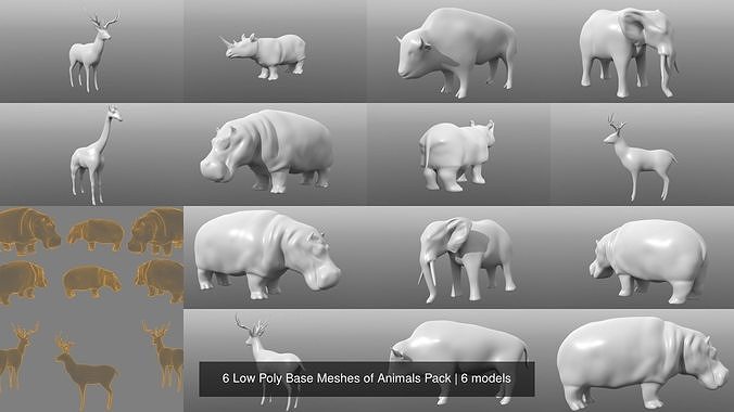 6 Low Poly Base Meshes of Animals Pack 3D Model Collection