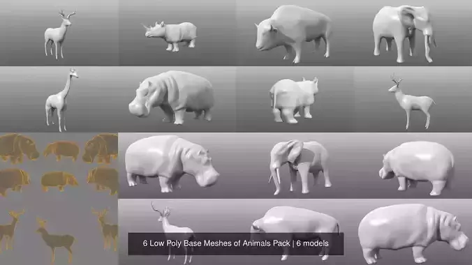 6 Low Poly Base Meshes of Animals Pack 3D Model Collection