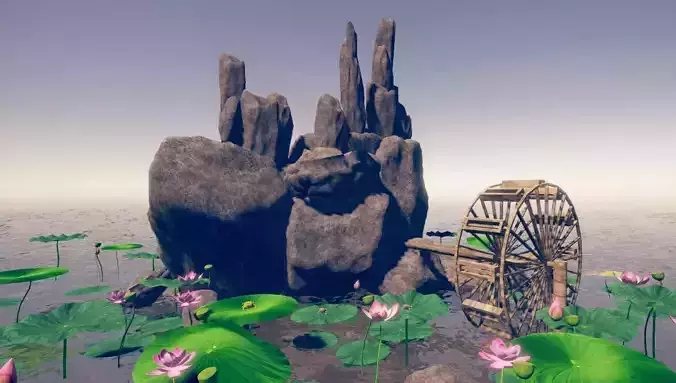 RockeryLotusPond water wheel and lotus lilies in water