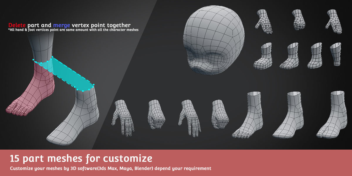 Base Meshes Character Starter Kit Low-poly 3D model_9