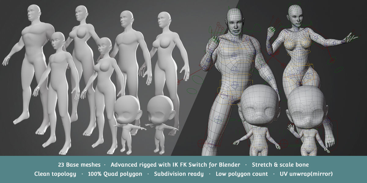 Base Meshes Character Starter Kit Low-poly 3D model_0