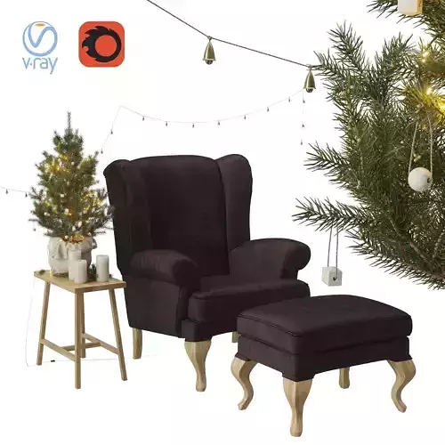 Christmas set spruce with a wing chair and a pouf Hoffner 3D model