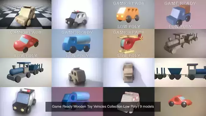 Game Ready Wooden Toy Vehicles Collection Low Poly 