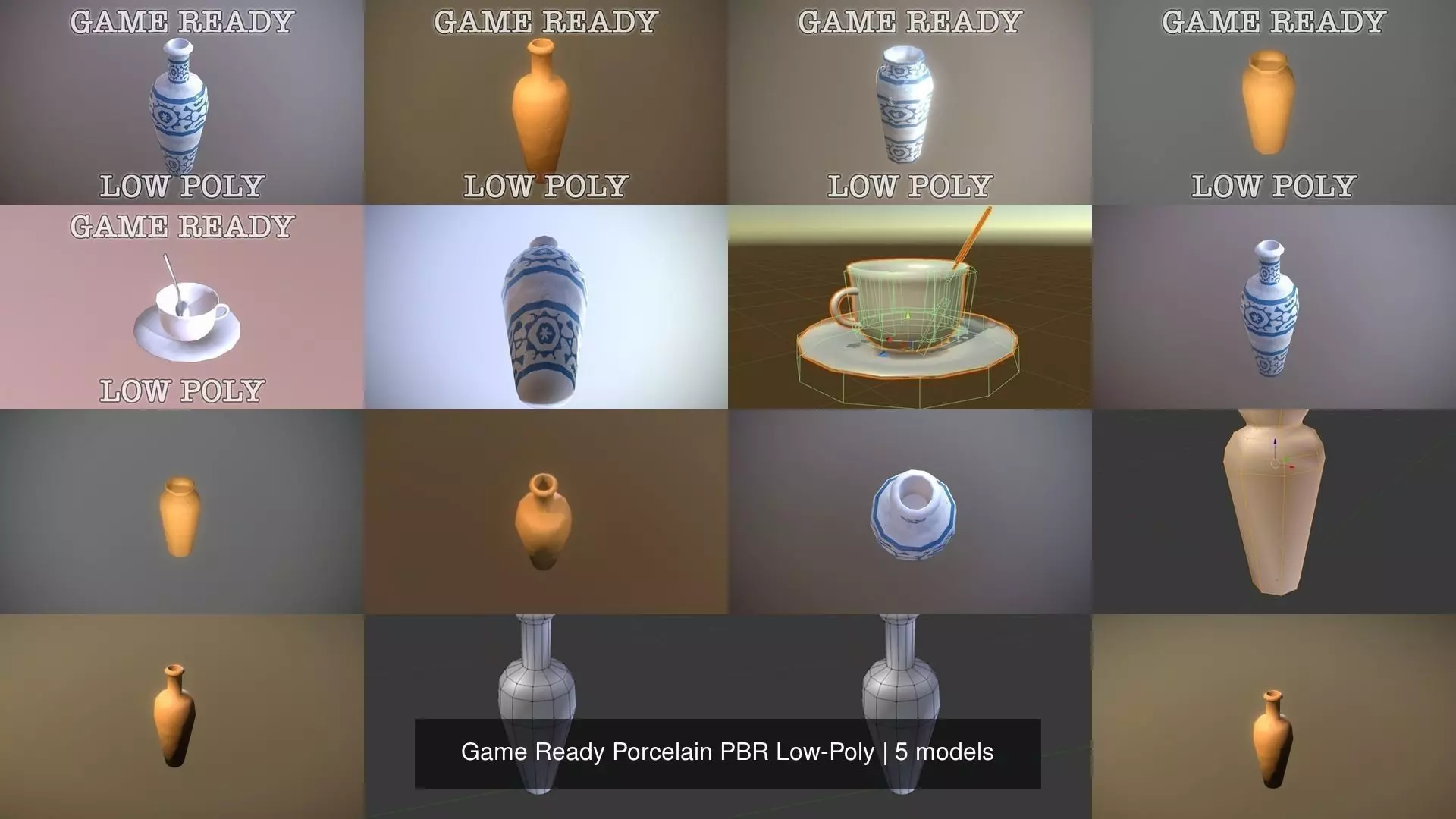 Game Ready Porcelain PBR Low-Poly vases and bowls 3D Model Collection_0