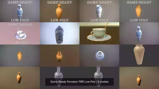 Game Ready Porcelain PBR Low-Poly vases and bowls 3D Model Collection