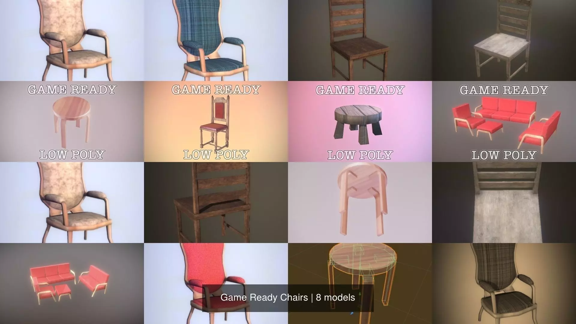 Game Ready Chairs wooden chair 3D Model Collection_0