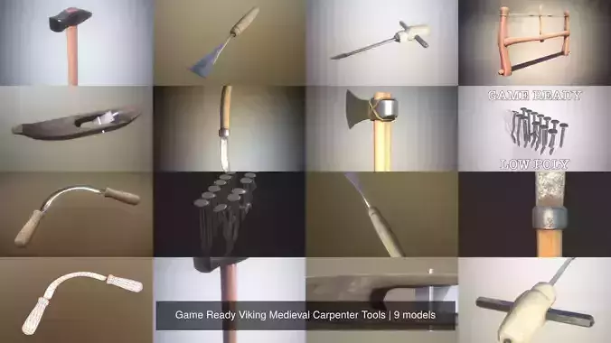 Game Ready Viking Medieval Carpenter Tools 3D Model Collection