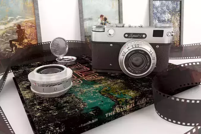 Zorki 5 camera and film reels 3D model