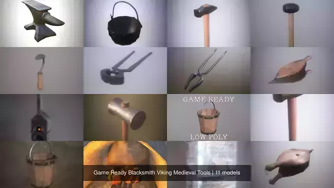 Game Ready Blacksmith Viking Medieval Tools 3D Model Collection