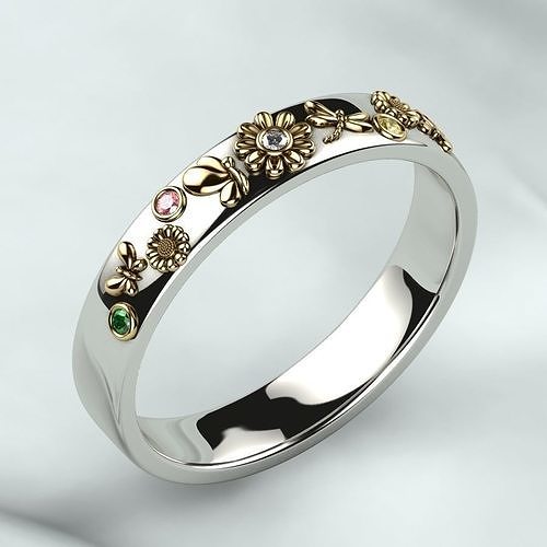 Colored Gems Rhodium Plating Gold Ring 3D print model