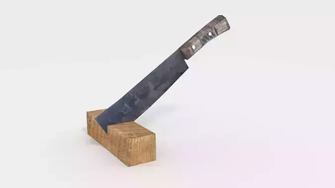 Machete knife on wooden block
