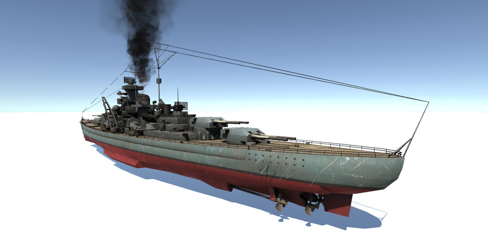 Bismarck ship with smoke Low-poly 3D model_1