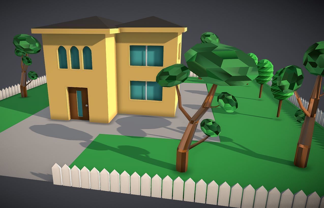 LowPoly House with  Yard and trees Low-poly 3D model_3