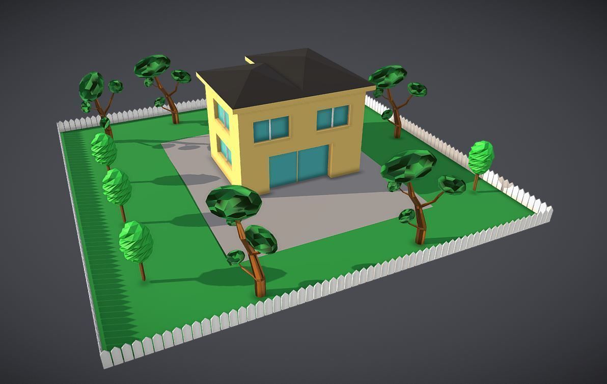 LowPoly House with  Yard and trees Low-poly 3D model_1