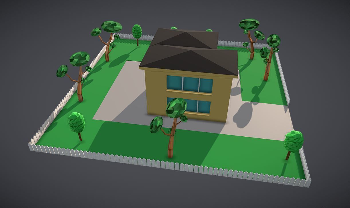 LowPoly House with  Yard and trees Low-poly 3D model_2