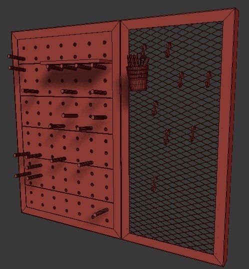 Pegboard wooden wall with pegs and hooks 3D model_3