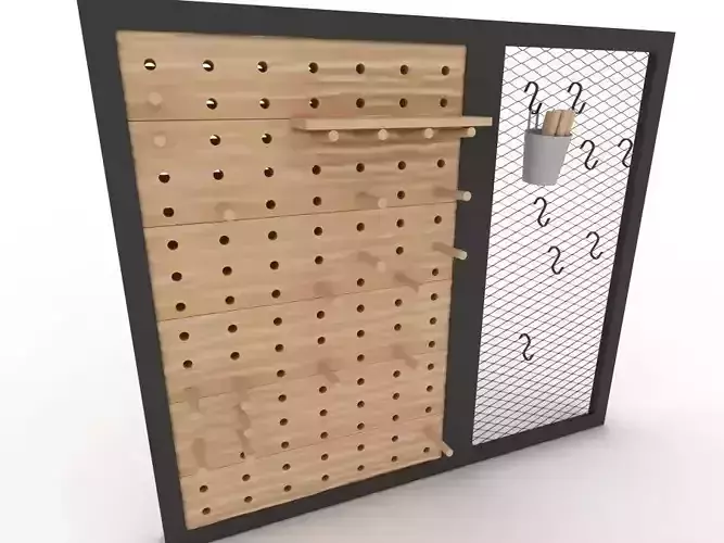 Pegboard wooden wall with pegs and hooks 3D model