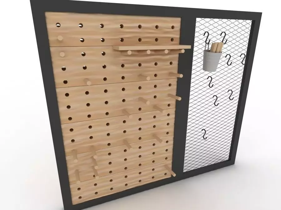 Pegboard wooden wall with pegs and hooks 3D model_0