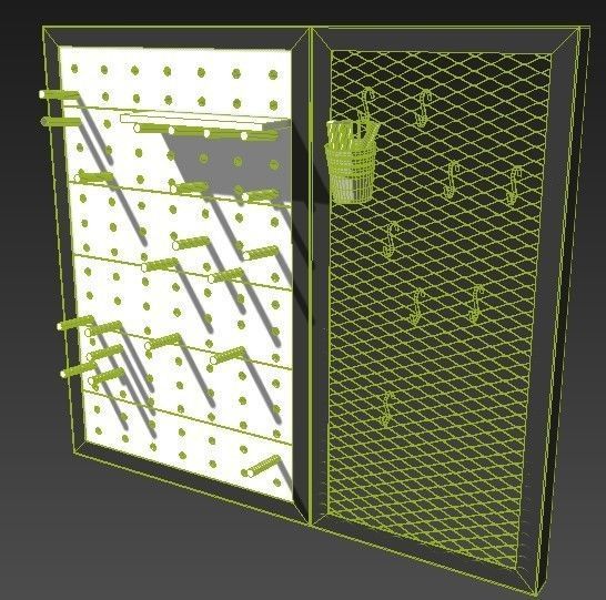 Pegboard wooden wall with pegs and hooks 3D model_1