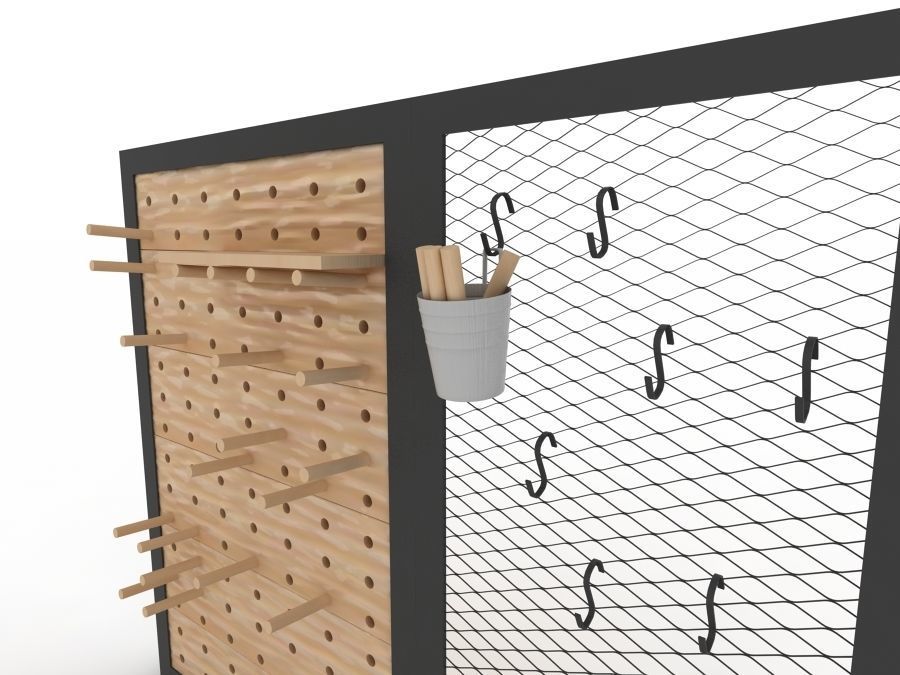Pegboard wooden wall with pegs and hooks 3D model_2