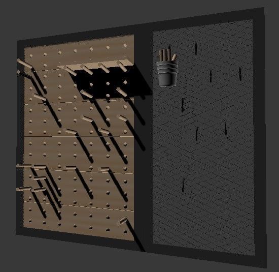 Pegboard wooden wall with pegs and hooks 3D model_4