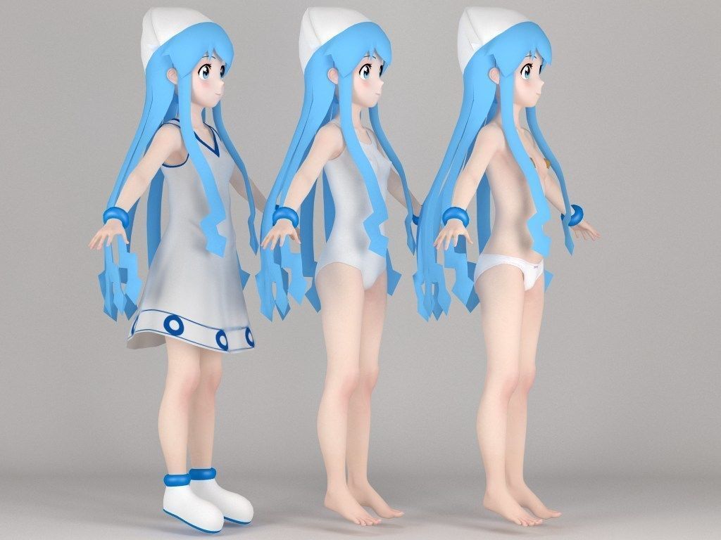 T pose nonrigged model of Ika Musume anime girl 3D model_6