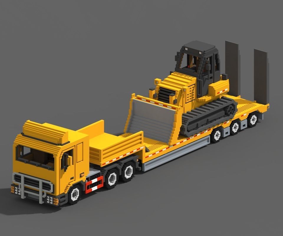 Voxel Truck And Loader Trailer Low-poly 3D model_8
