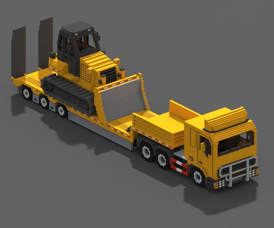 Voxel Truck And Loader Trailer Low-poly 3D model_10