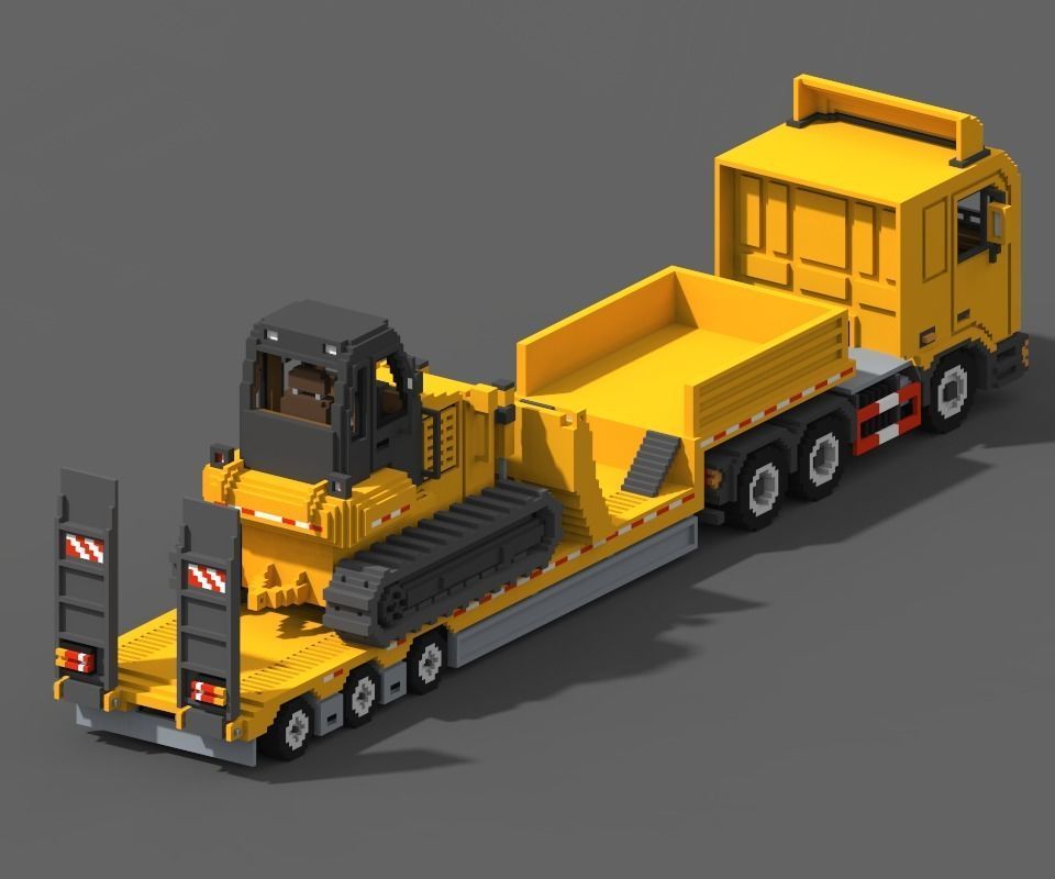 Voxel Truck And Loader Trailer Low-poly 3D model_9