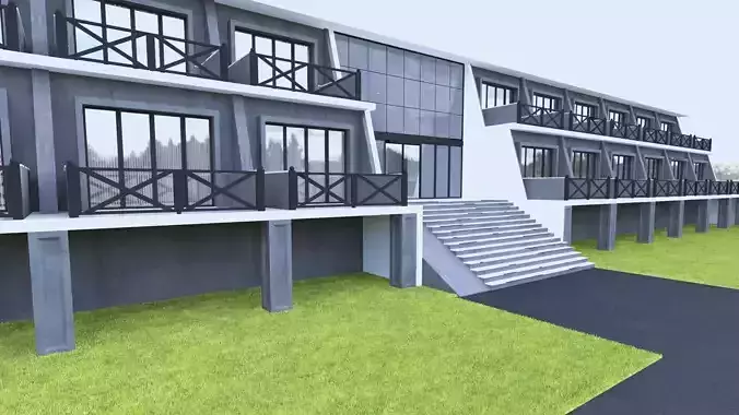 HOTEL building with balconies and stairs