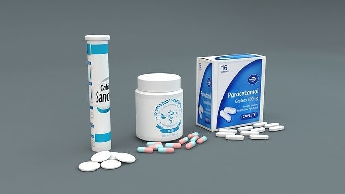 Pills package of and bottle of water 3D model