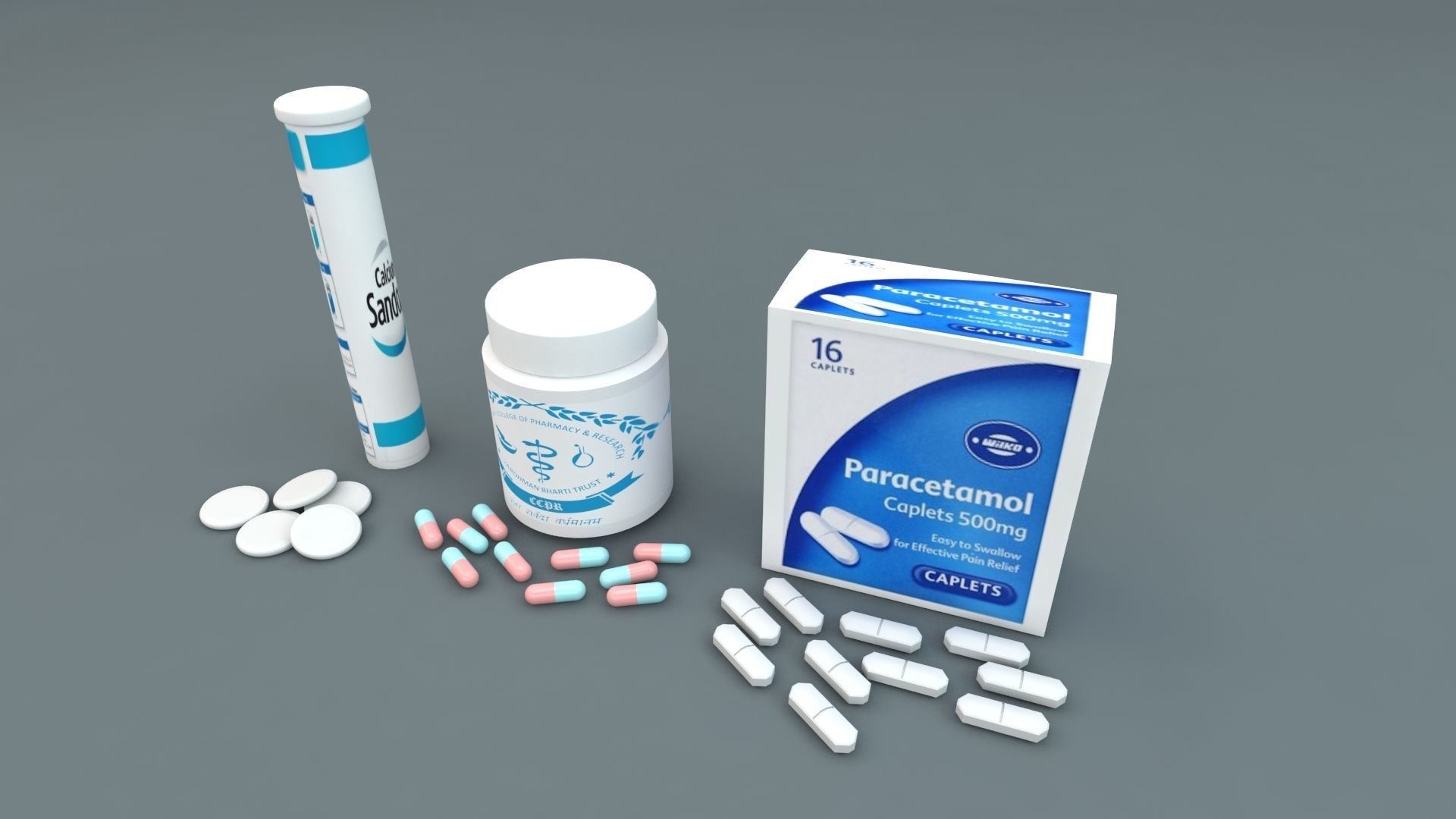 Pills package of and bottle of water 3D model_2